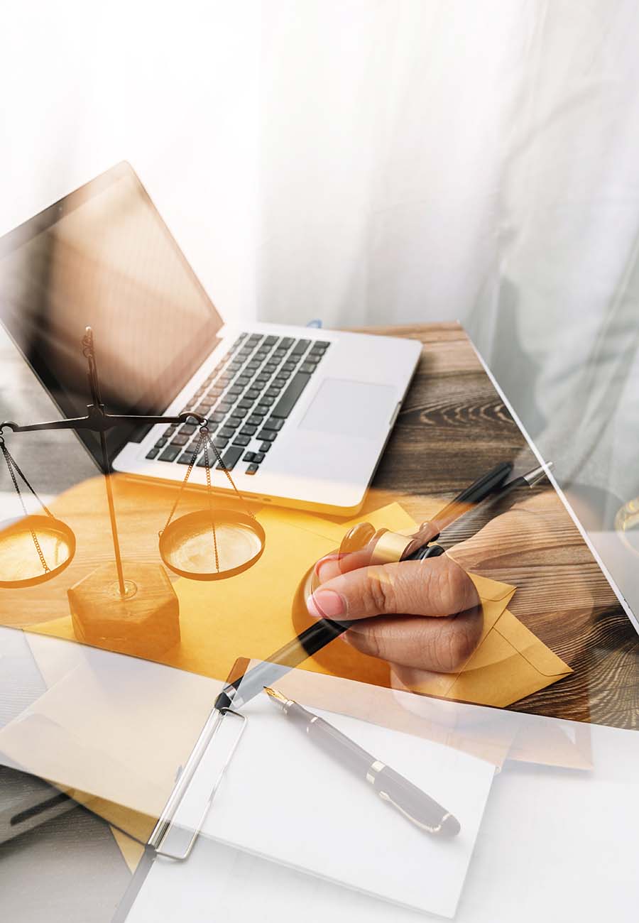 Business and lawyers discussing contract papers with brass scale on desk in office. Law, legal services, advice, justice and law concept picture with film grain effect